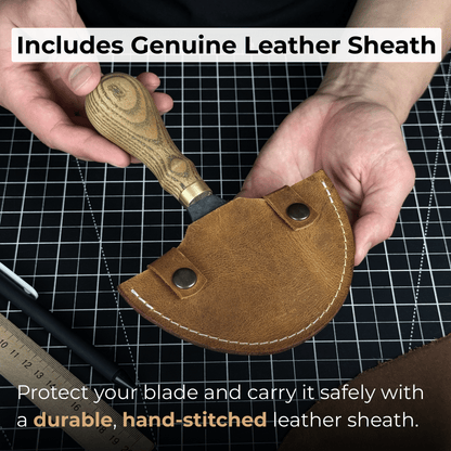 Leather Round Half Moon Knife 10.5 cm with ash wood handle and carbon steel blade