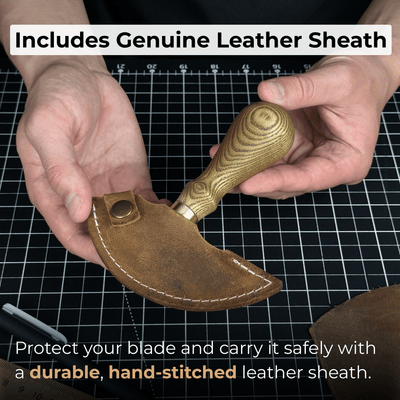 Hand-forged leather round knife with ash wood handle and carbon steel blade