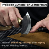 Hand-forged leather round knife with ash wood handle and carbon steel blade