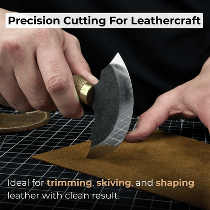 Hand-forged leather round knife with ash wood handle and carbon steel blade