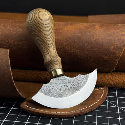 Hand-forged leather round knife with ash wood handle and carbon steel blade