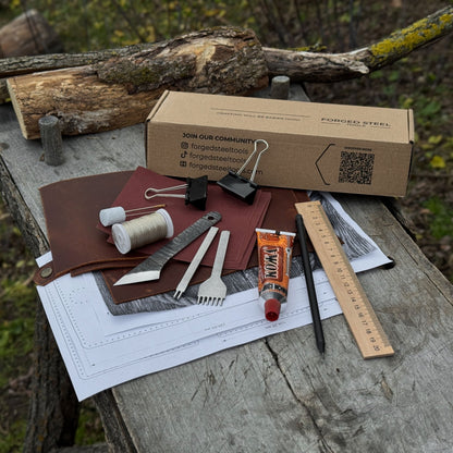 Leather Wallet DIY Kit with carbon steel tools and Crazy Horse leather pieces
