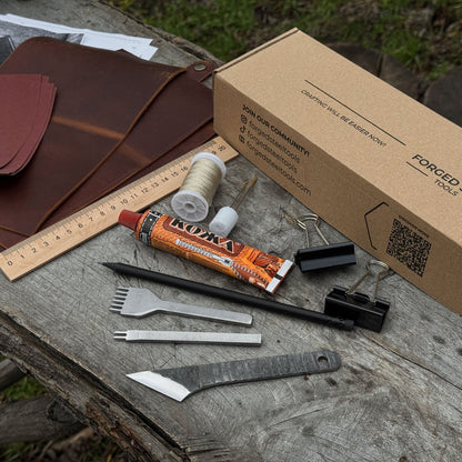 Leather Wallet DIY Kit with carbon steel tools and Crazy Horse leather pieces