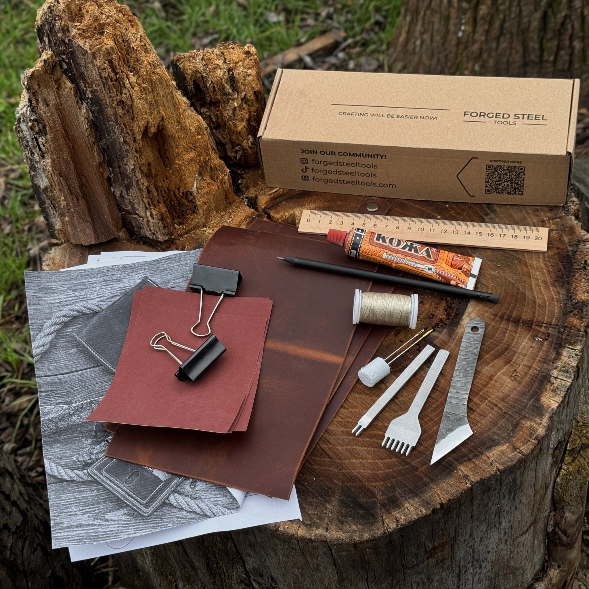 Leather Wallet DIY Kit with carbon steel tools and Crazy Horse leather pieces