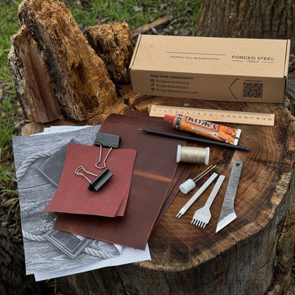 Leather Wallet DIY Kit with carbon steel tools and Crazy Horse leather pieces