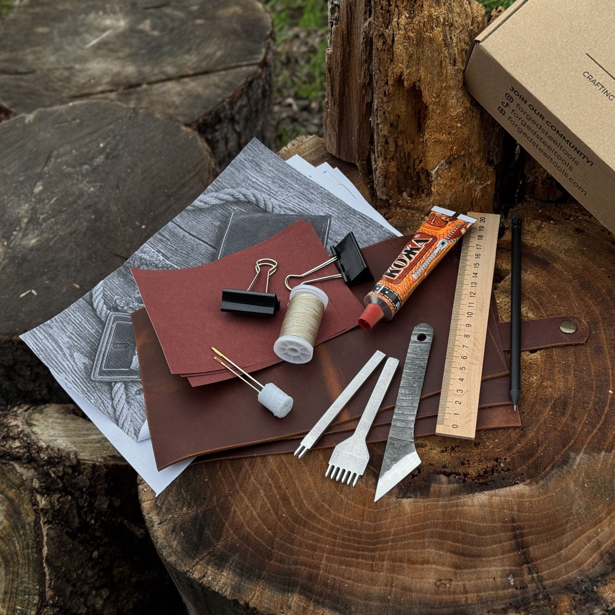 Leather Wallet DIY Kit with carbon steel tools and Crazy Horse leather pieces