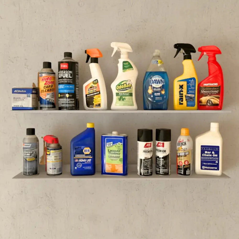 Ledge Shelf - Garage Wall Mounted installed with assorted cans and bottles in a workshop setting
