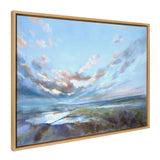 Sylvie Looking West Fairburn Ings framed canvas art showing a calm ocean scene with silhouetted figures on a shoreline, framed in natural polystyrene.