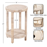 Round side table with two levels, each wrapped in natural rattan, featuring vertical support legs and a light beige woven pattern, measuring 16 inches wide and 24 inches tall.