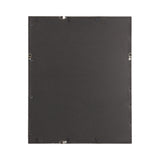 Back of a rectangular photo frame with black cardboard backing and multiple metal clips securing it, shown on a white background.