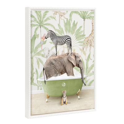 Sylvie Beaded Safari Animals in Safari Bath framed canvas art by Amy Peterson with white vintage beaded frame