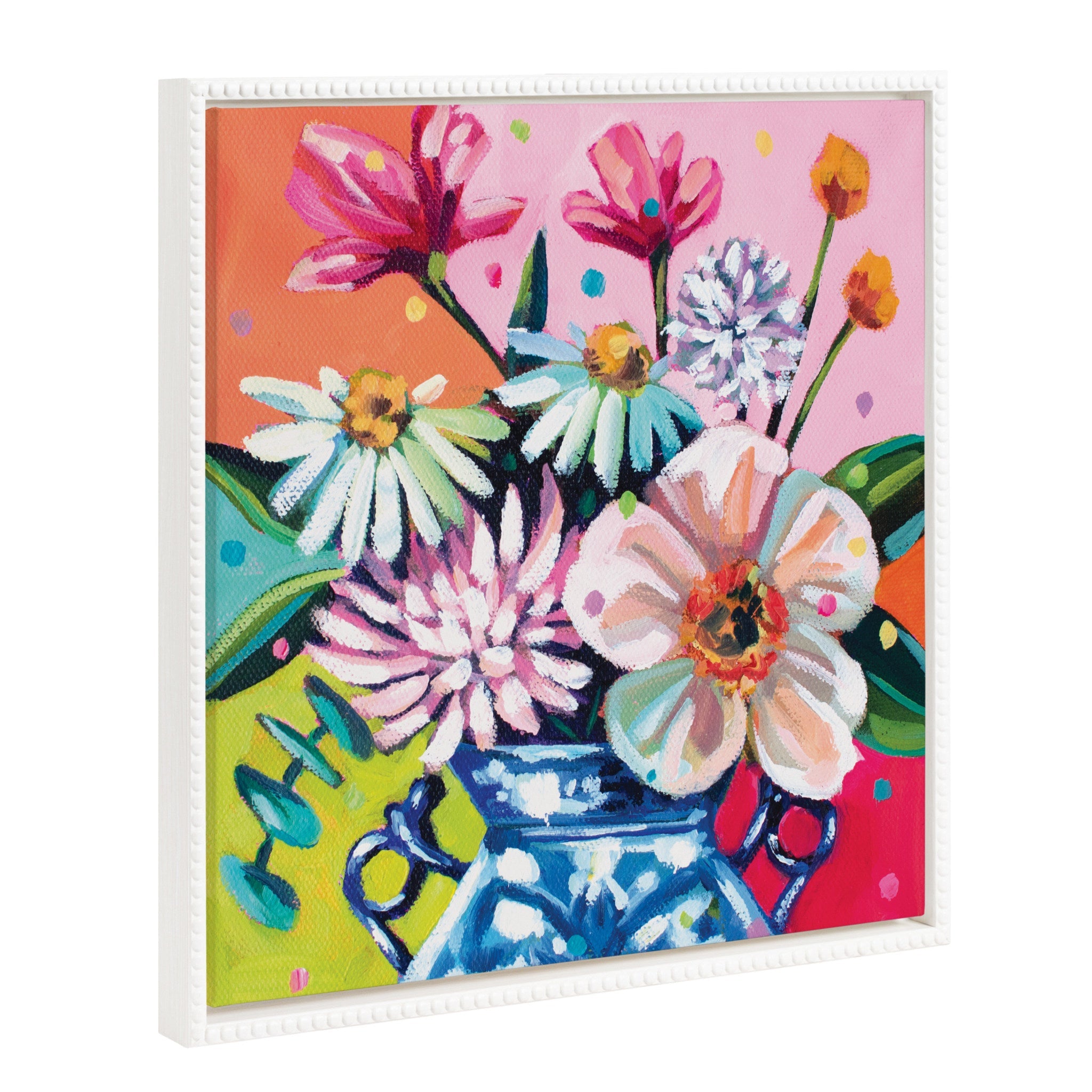 Sylvie Beaded Someone Buy Me Flowers framed canvas artwork showing a colorful vase of flowers in a vintage beaded floating frame