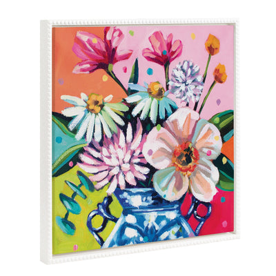 Sylvie Beaded Someone Buy Me Flowers framed canvas artwork showing a colorful vase of flowers in a vintage beaded floating frame