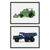 Framed canvas art set showing a vintage green toy tractor and a blue toy dump truck, each in a polystyrene frame.