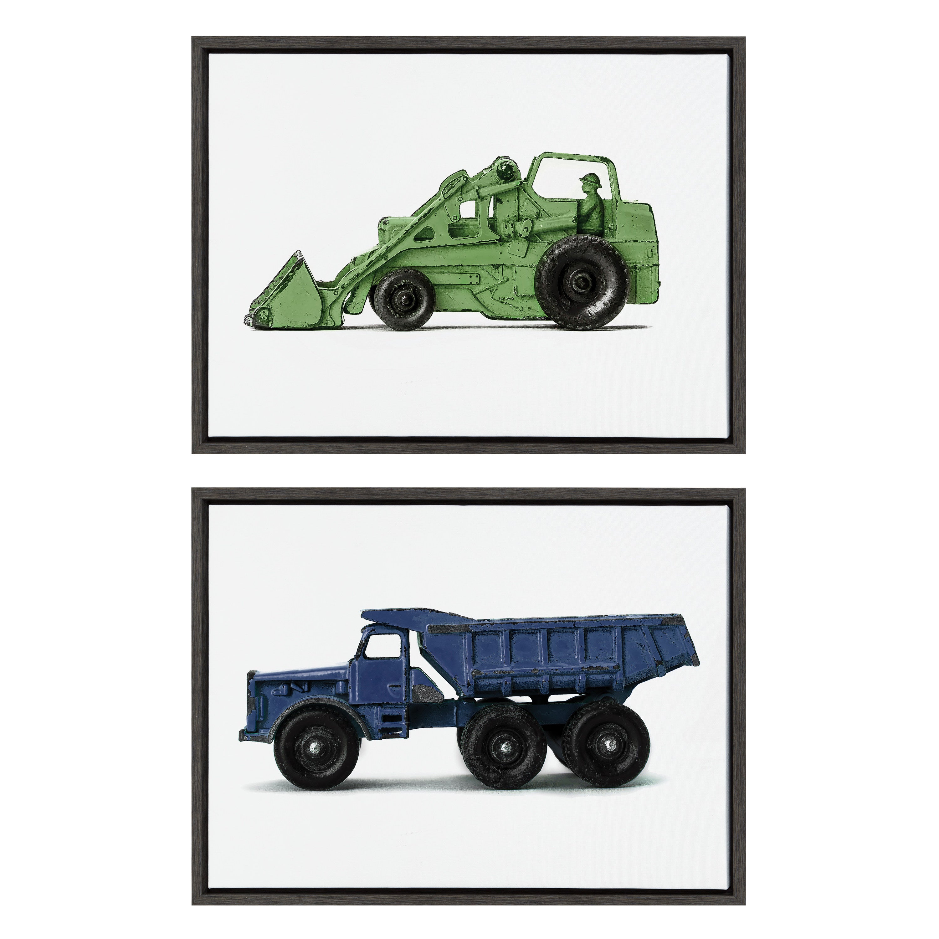 Framed canvas art set showing a vintage green toy tractor and a blue toy dump truck, each in a polystyrene frame.