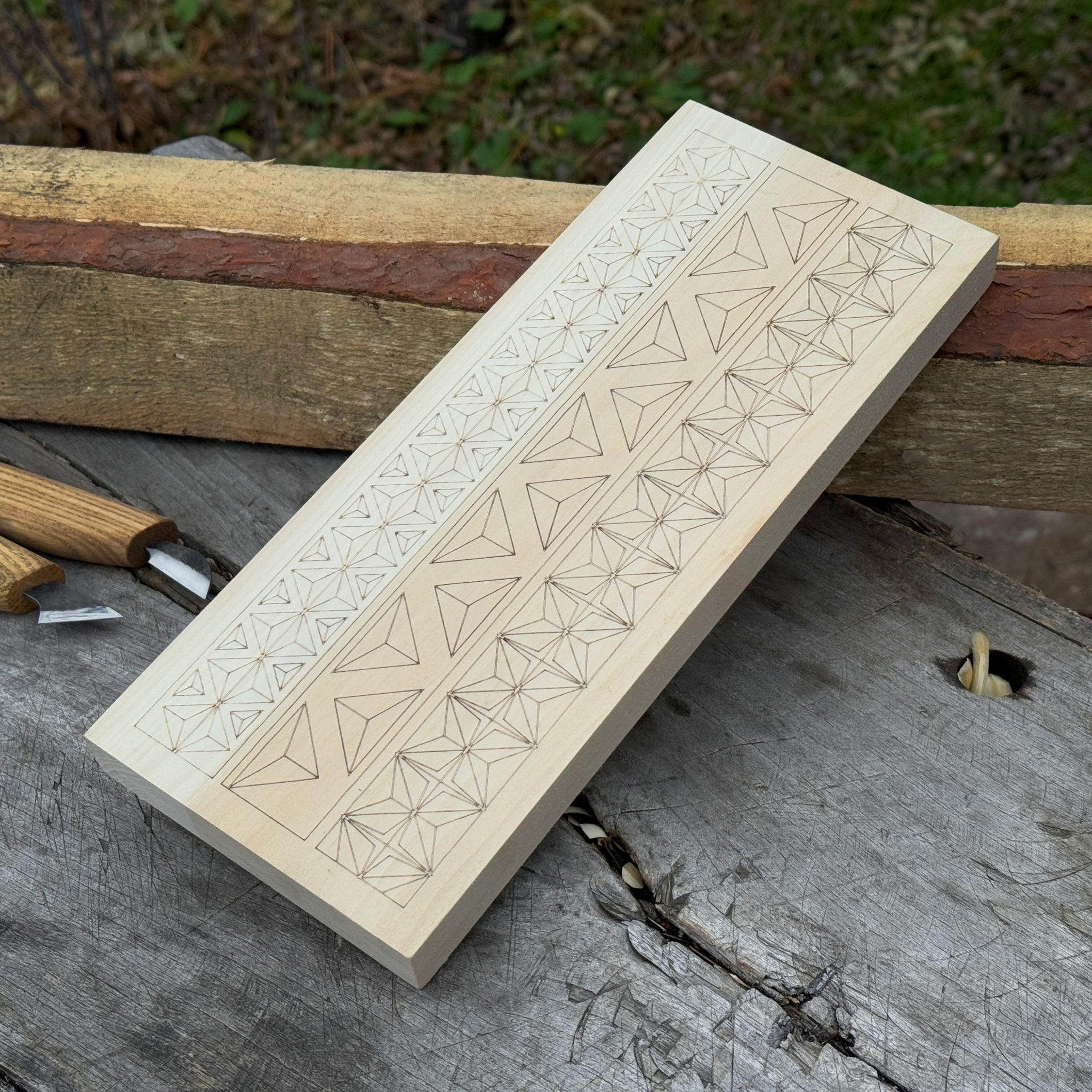 Linden wood carving board with double-sided pre-drawn patterns by Sharky Forged Steel Tools