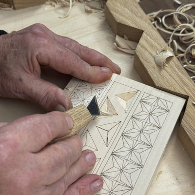 Linden wood carving board with double-sided pre-drawn patterns by Sharky Forged Steel Tools