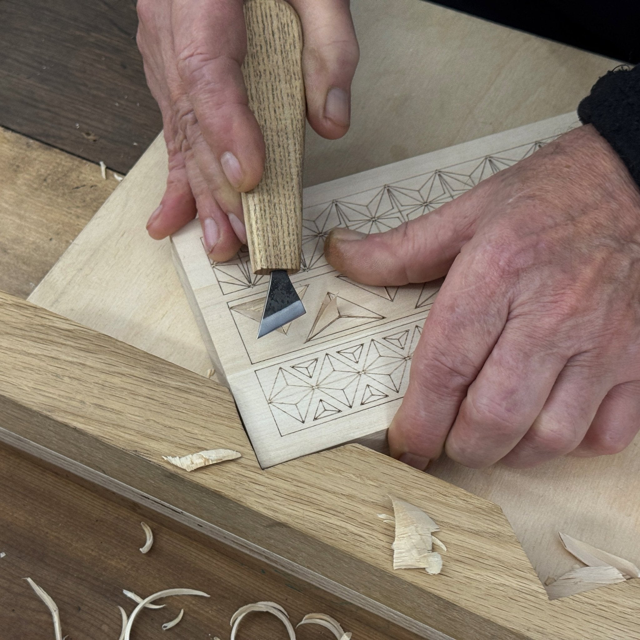 Linden wood carving board with double-sided pre-drawn patterns by Sharky Forged Steel Tools