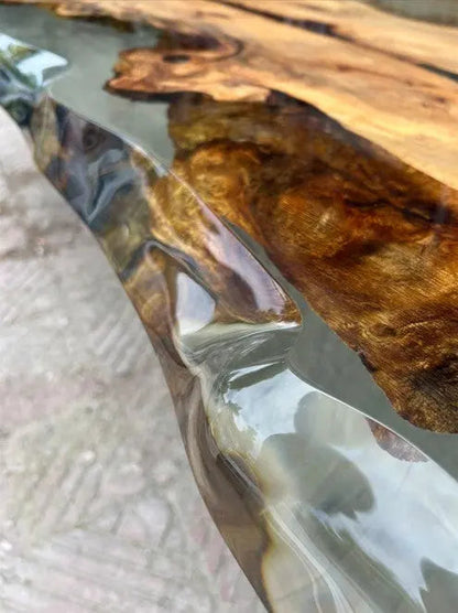 Solid linden wood dining table with natural epoxy resin finish and customizable wooden legs