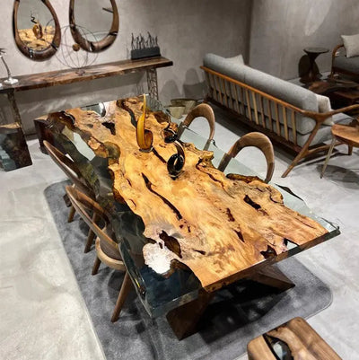 Solid linden wood dining table with natural epoxy resin finish and customizable wooden legs