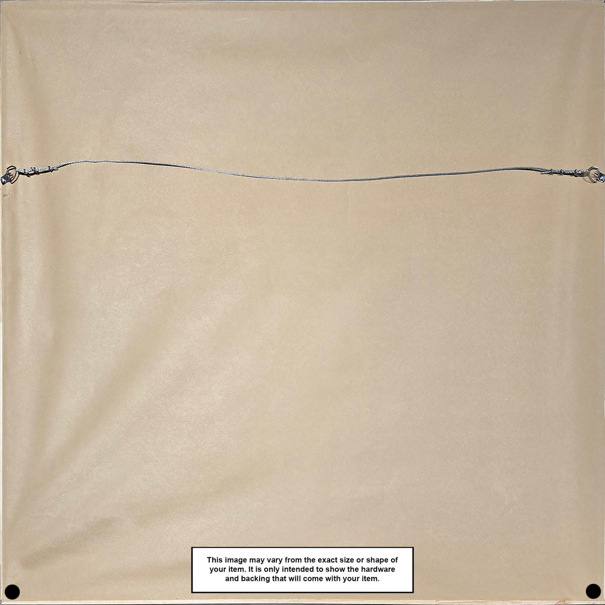 Back of a beige canvas stretched on a wooden frame with a black hanging wire secured by metal screws on each side, showing texture and slight creases.