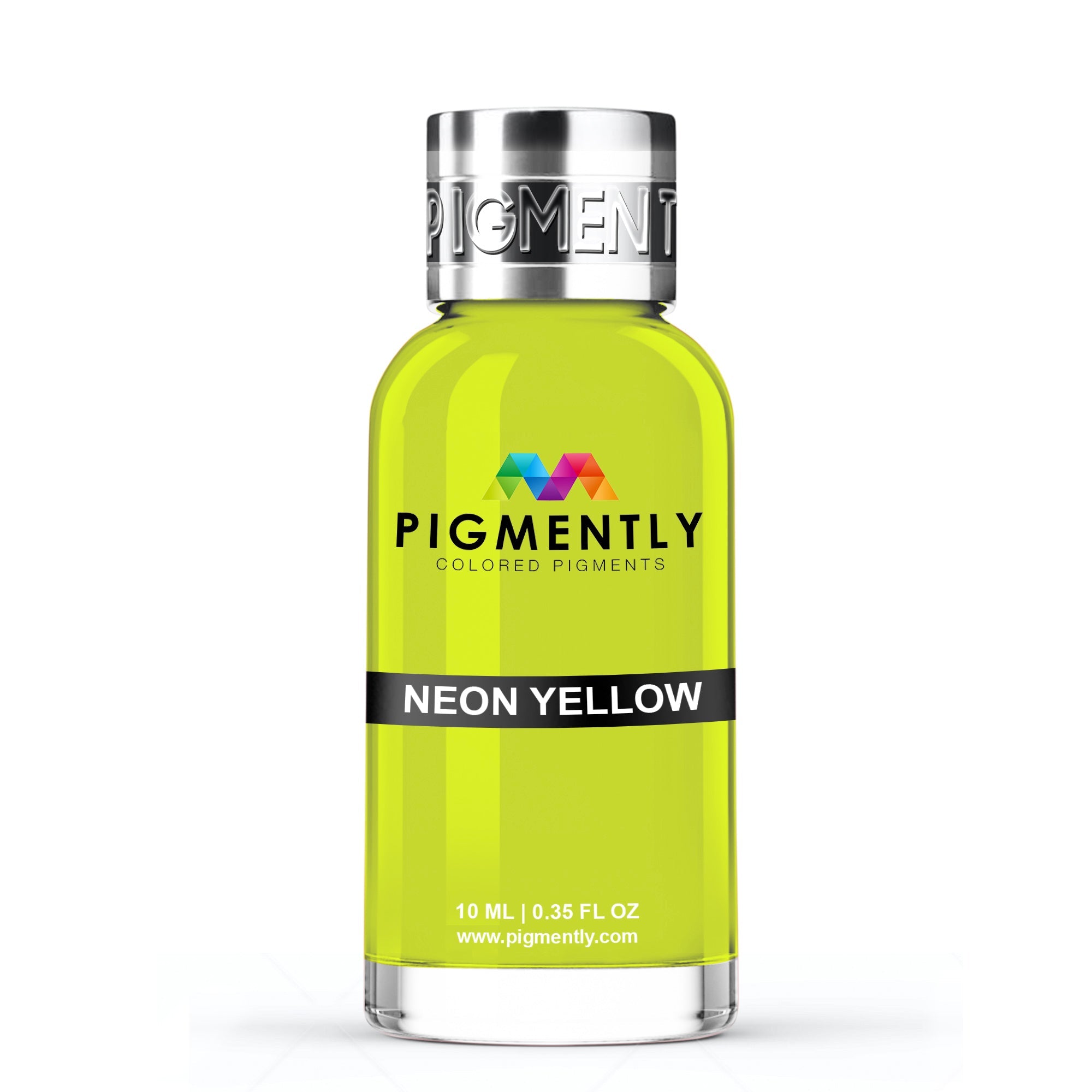Neon yellow bottle with silver cap labeled 'Pigmently' on a white background