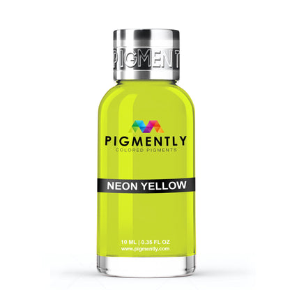 Neon yellow bottle with silver cap labeled 'Pigmently' on a white background