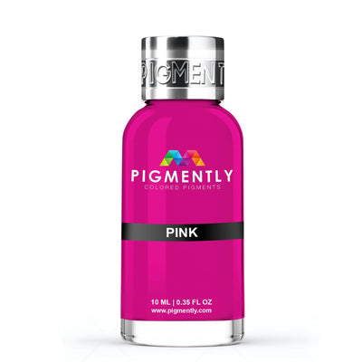 Pink Liquid Epoxy Dye bottle and colored epoxy resin samples