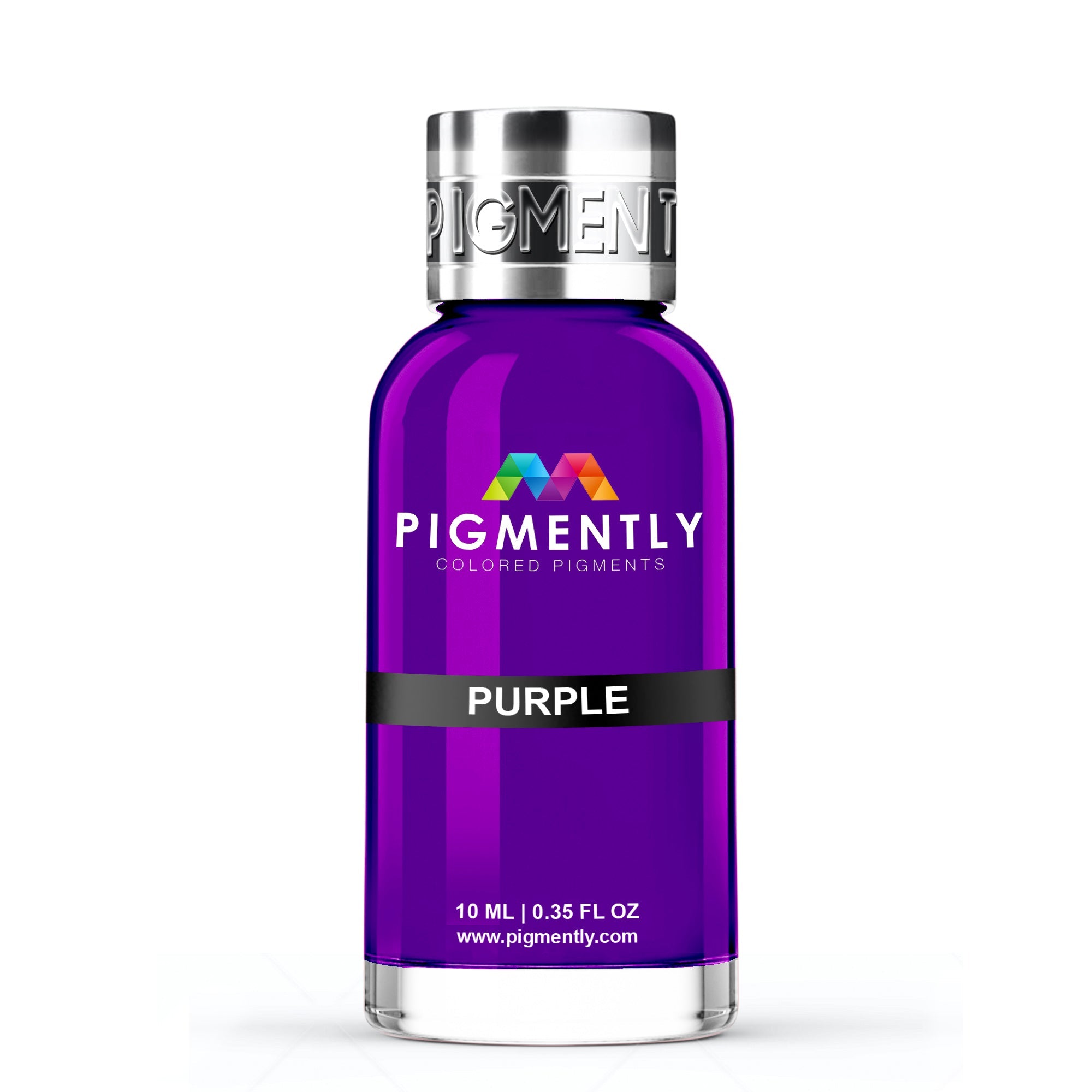 Purple bottle of Pigmently colored pigments with a silver cap on a white background