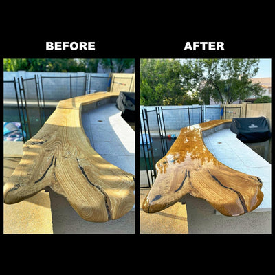 Clear epoxy resin coating on bar top and table surfaces