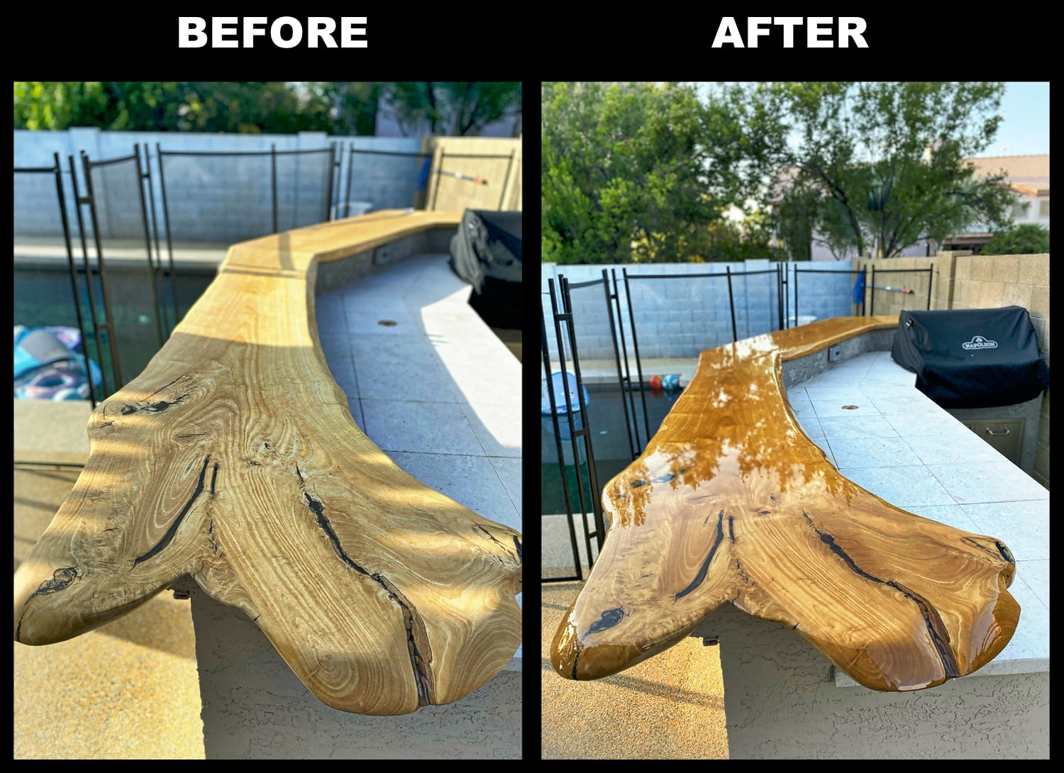 Before and after comparison of a wooden outdoor table.