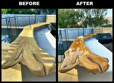 Clear epoxy resin coating on bar top and table surfaces