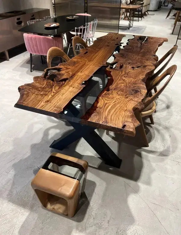 Live edge chestnut wood dining table with epoxy resin river and black legs