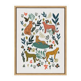 Framed canvas with colorful stylized cheetahs in orange and yellow surrounded by green leaves, flowers, butterflies, and abstract shapes on white background.