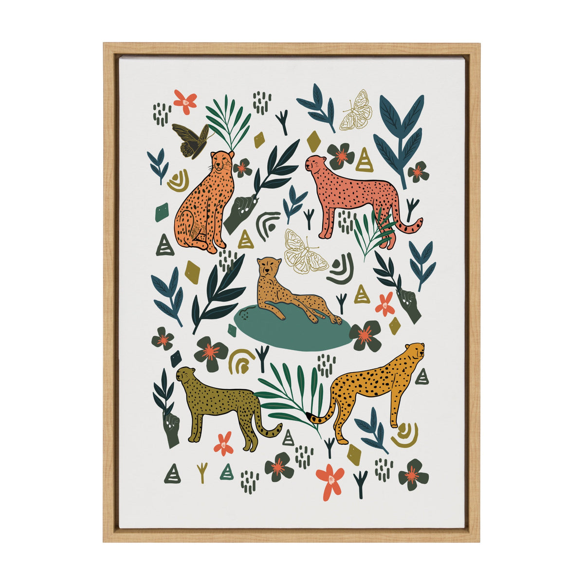 Framed canvas with colorful stylized cheetahs in orange and yellow surrounded by green leaves, flowers, butterflies, and abstract shapes on white background.