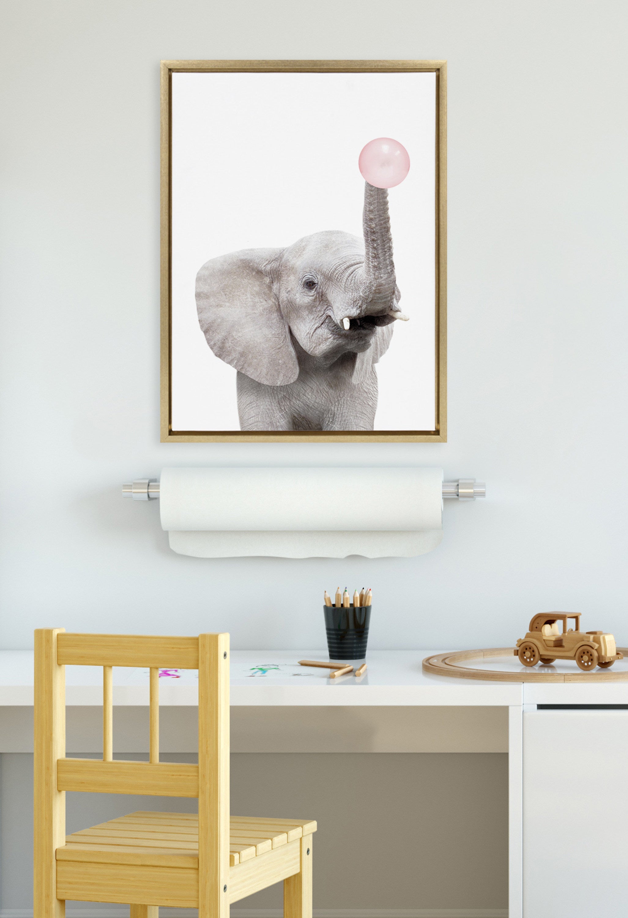 Sylvie Bubble Gum Elephant Framed Canvas by Amy Peterson Art Studio by kateandlaurel - product image 19 for Resin Society