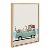 Framed canvas print of a light green vintage van carrying an elephant, giraffes, zebra, and suitcases against a pale sky and beach background.