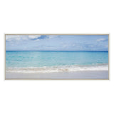 Panoramic seascape with gentle turquoise waves rolling onto a pale sandy beach under a partly cloudy sky, framed in light wood.