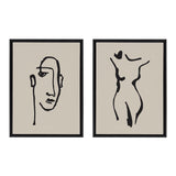 Two framed minimalist black line art drawings on neutral beige backgrounds, one of an abstract face and the other of a stylized female body silhouette.