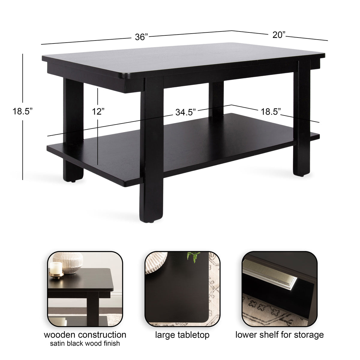 Black rectangular coffee table with satin wood finish, a large tabletop, and a lower storage shelf between four square legs, dimensions overlaid.