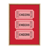 Three pink vintage-style tickets stacked vertically on a red background, each with the word CHEERS and the number 961004 in black, framed in light wood.