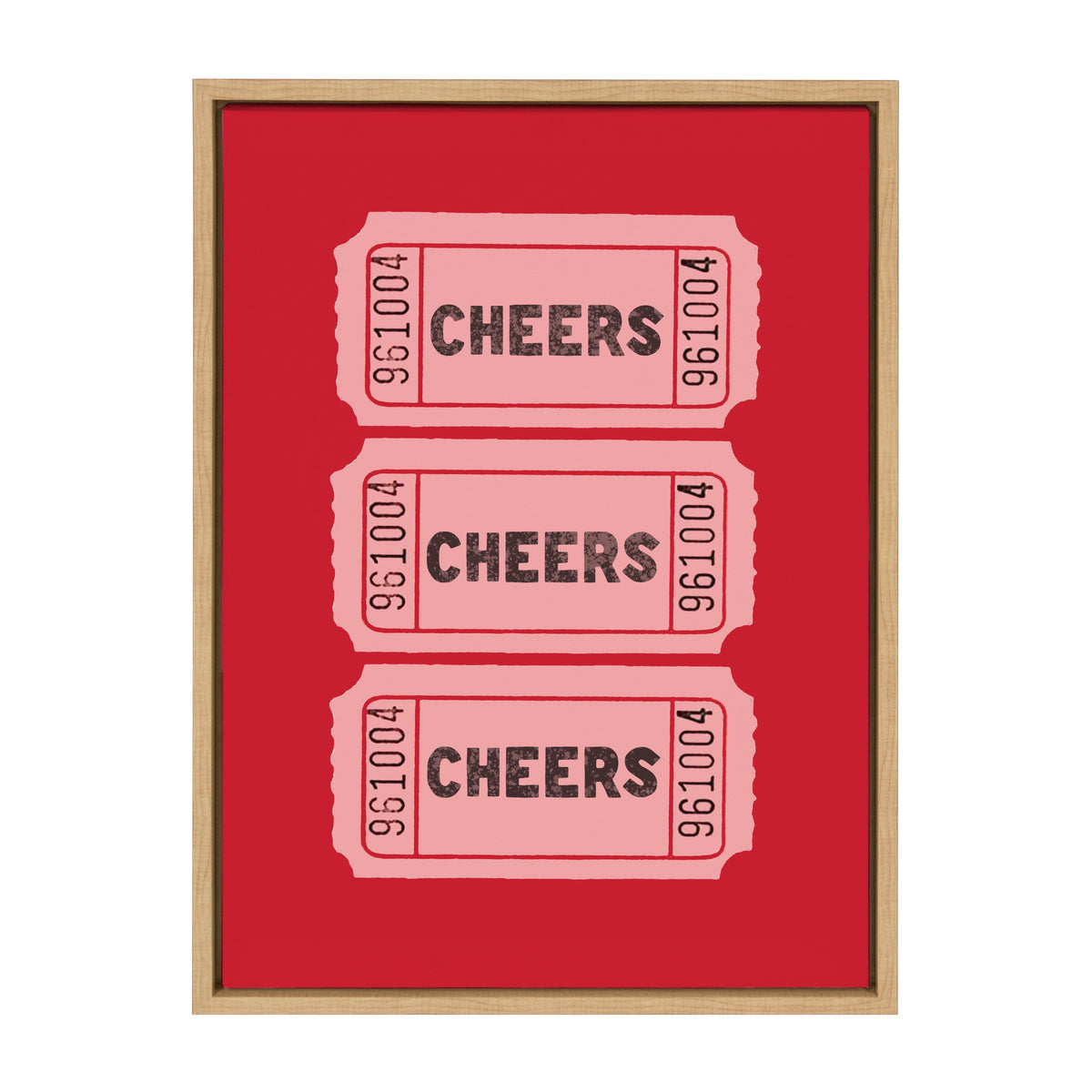 Three pink vintage-style tickets stacked vertically on a red background, each with the word CHEERS and the number 961004 in black, framed in light wood.