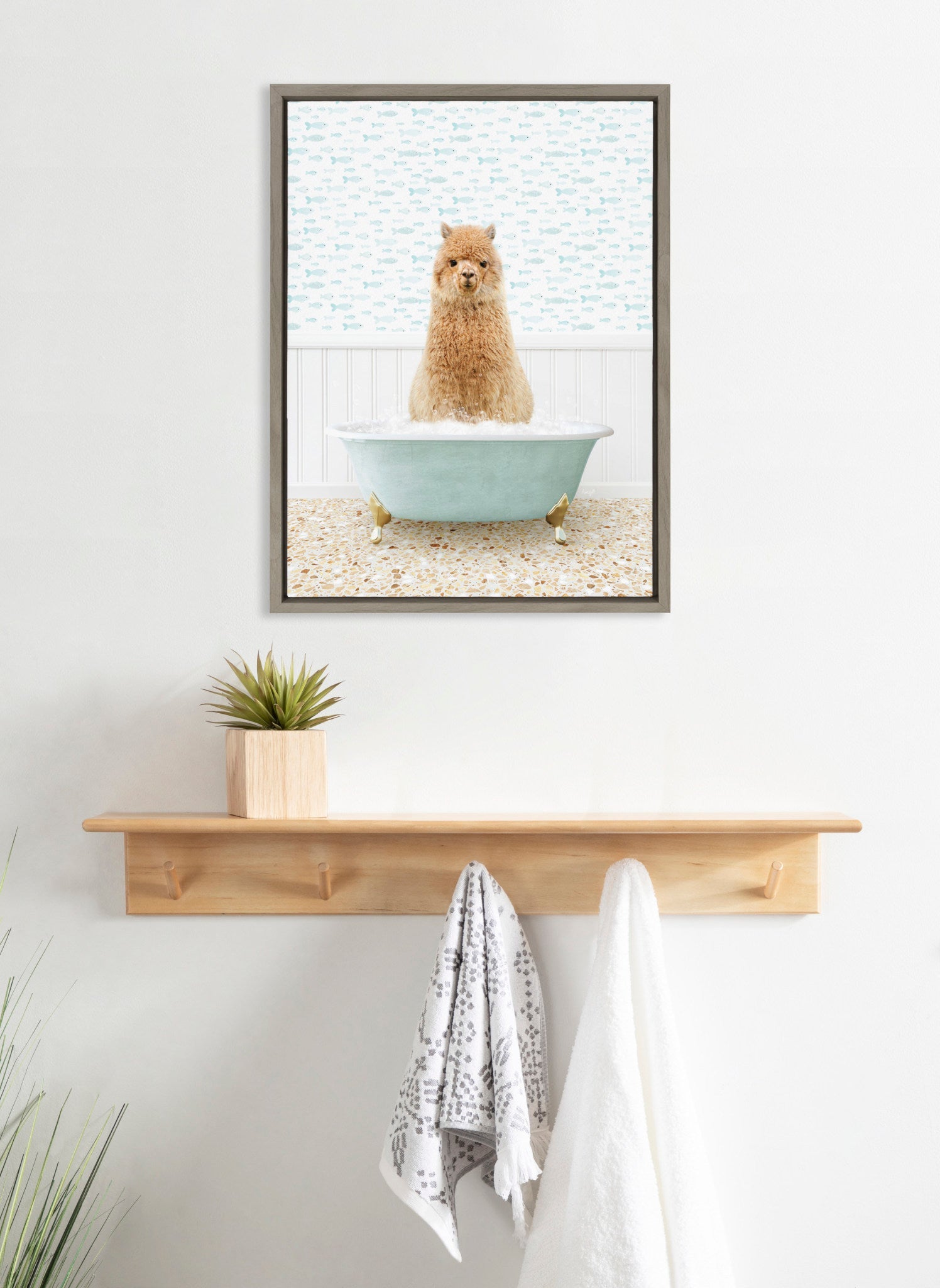 Sylvie Alpaca in Little Fish Bath Framed Canvas by Amy Peterson Art Studio