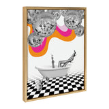 Black and white surreal scene of legs in high heels and an arm holding a glass from a bathtub, with mirrored disco balls and wavy orange and pink background accents above a checkerboard floor.