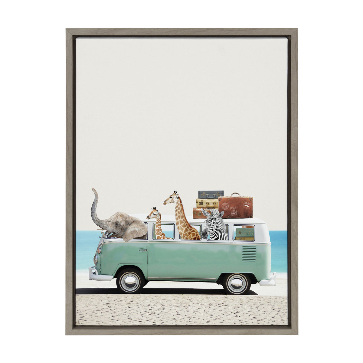 Illustration of a green vintage van on a beach with an elephant, two giraffes, and a zebra riding inside, alongside stacked vintage suitcases on the roof against a blue sea background.