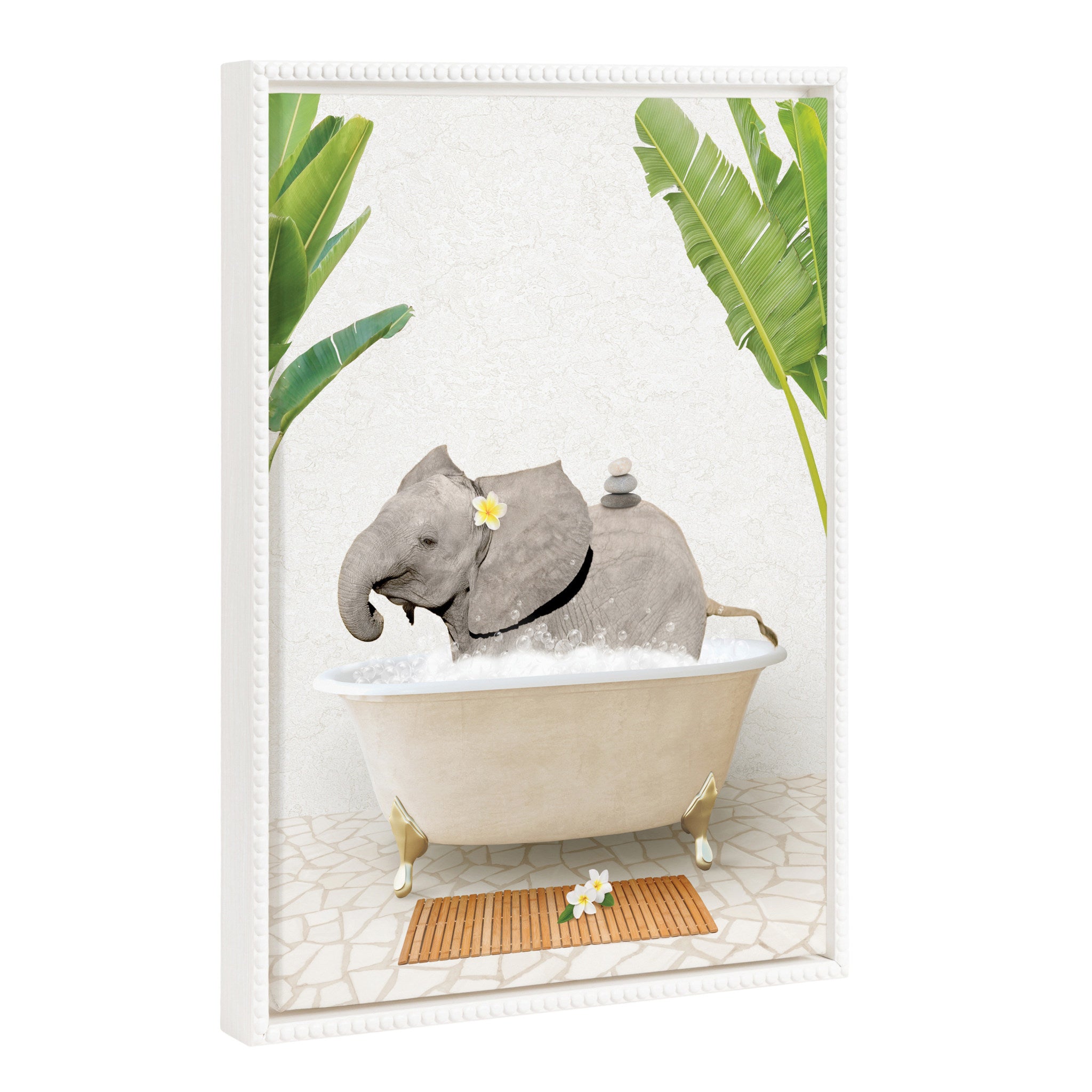 White framed canvas art of a baby elephant with vintage beaded frame by Amy Peterson