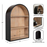 Two-tone arch wall shelf with black outer frame and natural mango wood interior, featuring two shelves and dimensions marked on a white background.