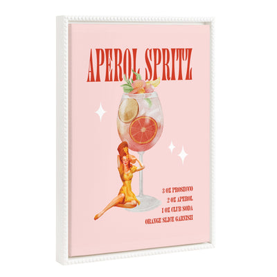 Sylvie Beaded Aperol Spritz Pinup Framed Canvas showing vintage beaded white frame with playful Aperol Spritz pinup art