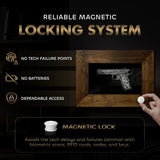 Wood-framed wall display case with black interior holding a decorative pistol, accompanied by text explaining a magnetic locking system without batteries or tech failures.