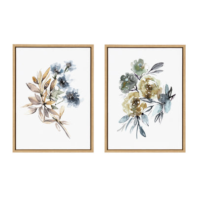 Two framed canvas prints showing yellow roses and muted blue flowers by Sara Berrenson